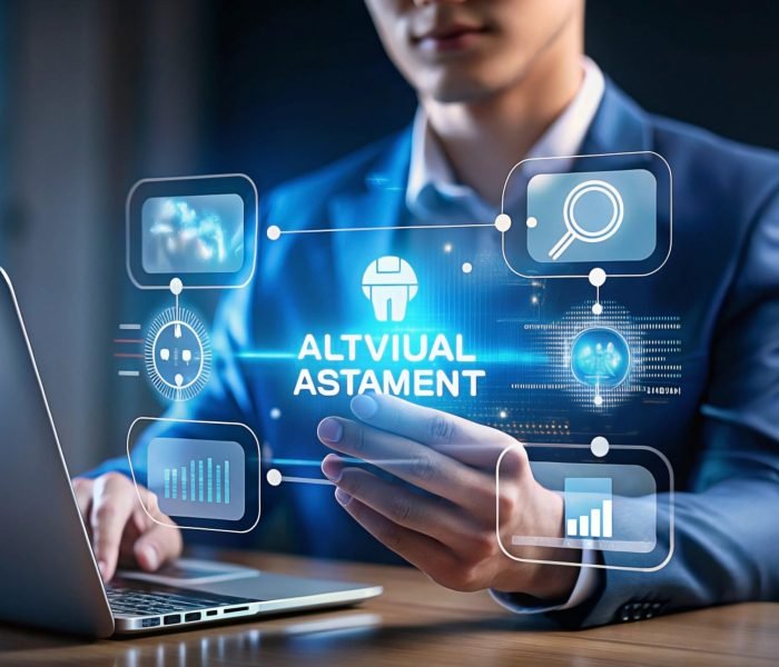 Businessman using laptop and smartphone, analyzing data and accessing digital information via holographic interface showing "Altivial Astament".