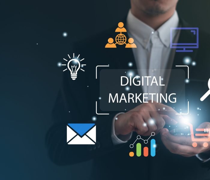 Hand shows the sign and icon of Digital marketing internet advertising and sales increase business technology concept,Financial and banking,  big data.